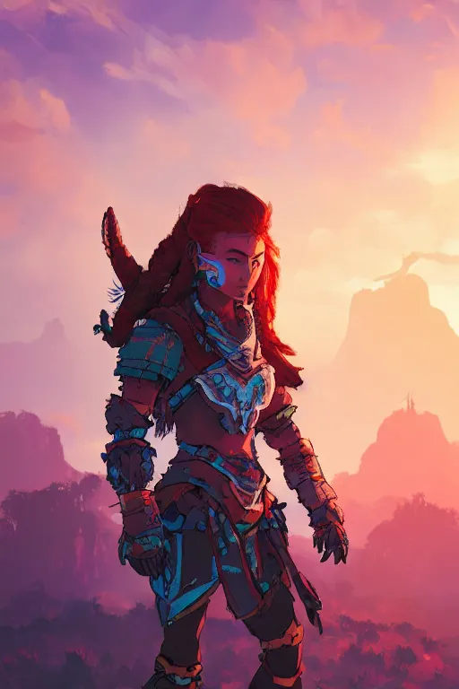 Image similar to combination suit armor aloy horizon forbidden west horizon zero dawn radiating a glowing aura global illumination ray tracing hdr fanart arstation by ian pesty and alena aenami artworks in 4 k tribal robot ninja mask helmet backpack