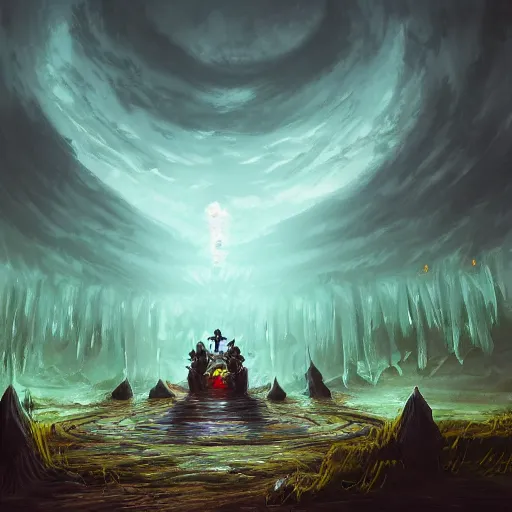 Image similar to necromancer summon minions in dark grave, acrilic paint, digital, artstation, detailed intricate ink illustration, heavenly atmosphere, digital art, overdetailed art, concept art, complementing colors, trending on artstation, cgstudio, the most beautiful image ever created, dramatic, subtle, details, award winning artwork, beautiful scenery