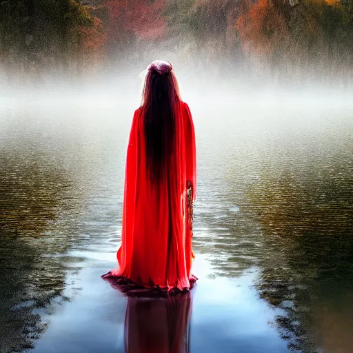 Image similar to a beautiful painting of a lady with white long hair and dressed with a red victorian cloak, seen from behind, standing in a lake, mist, morning light, dreamy atmosphere, cinematic