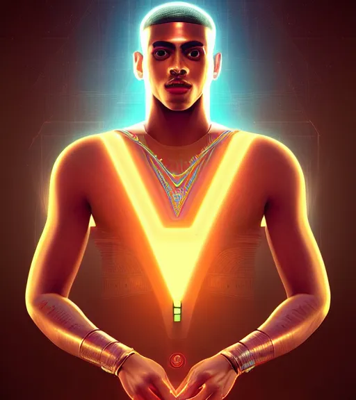 Image similar to symmetry!! egyptian prince of technology, solid cube of light, hard edges, product render retro - futuristic poster scifi, lasers and neon circuits, brown skin man egyptian prince, intricate, elegant, highly detailed, digital painting, artstation, concept art, smooth, sharp focus, illustration, dreamlike, art by artgerm