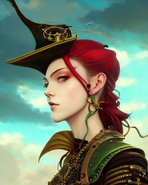 Image similar to a beautiful close up portrait 2D illustration of a young female steampunk pirate wearing leather armor on gold and red trimmings on green, by Charlie Bowater, tom bagshaw, Artgerm and Lois Van Baarle, beautiful anime face, very cool pose, pirate ship with an epic sky background, slightly smiling, cinematic anime lighting and composition, fantasy painting, very detailed, ornate, trending on artstation and pinterest, deviantart, google images