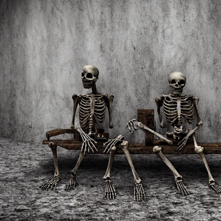 Prompt: decayed old romantic pair of skeletons, sitting on a park bench, holding their hands kissing, partially covered with dust and moss, cinematic lighting, photorealistic image, 8k, ultra detailed, high resolution, artstation