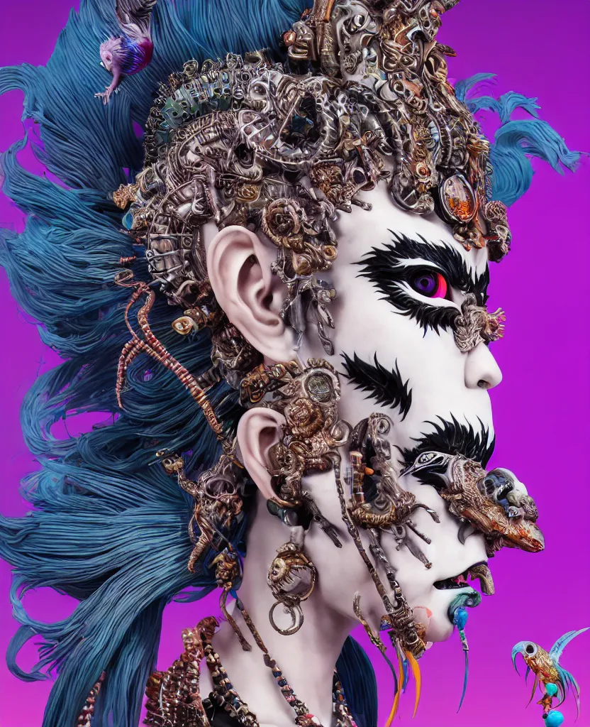 Image similar to 3 d goddess close - up profile portrait punk with mohawk with ram skull. beautiful intricately detailed japanese crow kitsune mask and clasical japanese kimono. betta fish, jellyfish phoenix, bio luminescent, plasma, ice, water, wind, creature, artwork by tooth wu and wlop and beeple and greg rutkowski