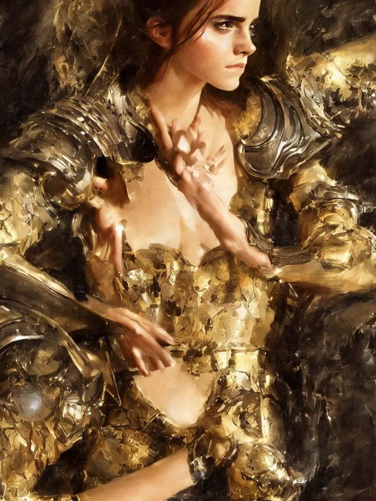 Prompt: close up of emma watson in full leather armor, cinematographic shot, alexander averin and delphin enjolras and daniel f. gerhartz