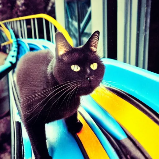 Image similar to black cat chilling on a rollercoaster. focus on cats face. sunlight. polaroid photo. bright colors.
