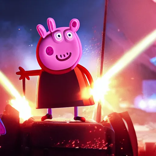 Image similar to Peppa pig in Gears of War, splash art, movie still, cinematic lighting, dramatic, octane render, long lens, shallow depth of field, bokeh, anamorphic lens flare, 8k, hyper detailed, 35mm film grain