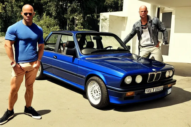 Image similar to Angry Jason Statham lifts BMW e30 that sits above him