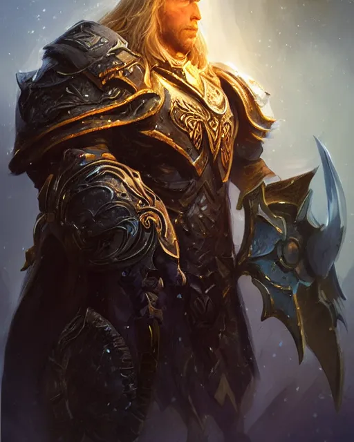 Image similar to portrait of arthas menethil, fantasy, intricate, sharp focus, lens flare, bloom, rim light, illustration, highly detailed, digital painting, concept art, matte, art by ruan jia. front view