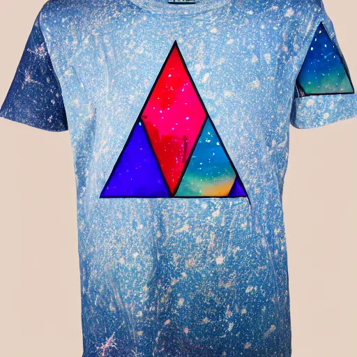 Image similar to photo of a t - shirt with a cool galactic print in a triangular pyramid shape on the chest in the style of maximalism, product photo