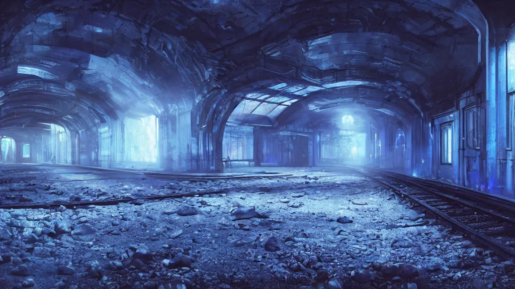 Prompt: An abandoned underground train station covered in a blue pulsating alien substance, volumetric lighting, liminal space, haunting atmosphere, photorealistic, hyperdetailed 3D matte painting, hyperrealism, hyperrealistic, cinematic, silent hill, horror style 8k ultra HD octane render