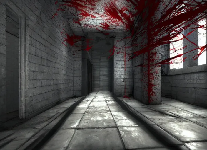 Image similar to mirror's edge first person horror game, photorealistic, extremely dark, scary, screenshot