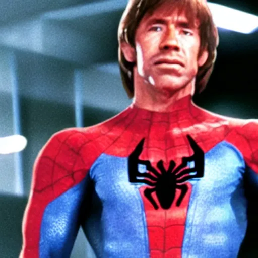 Image similar to an film still of chuck norris as spiderman