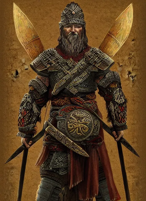 Prompt: ancient slavic warrior thunder god highly detailed concept art, slavic folklore embroidery symbols, maxim sukharev