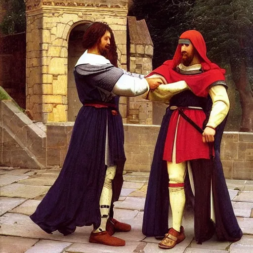 Image similar to Troy and Abed as medieval knights, masterpiece painting by Edmund Leighton