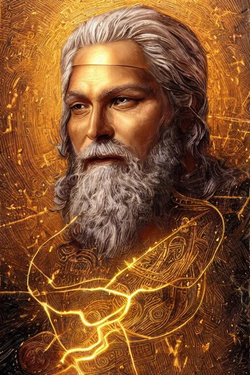 Prompt: mythological odin all father god of thunder and artificial intelligence creating himself with an artificial neural network with gold synapses on an anvil, high resolution, award winning art, trending on art station, sharp image, incredibly detailed, detailed character realistic painting