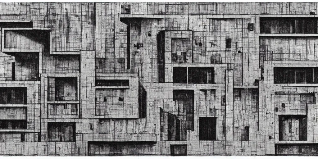 Image similar to brutalist building facing. yugoslavia, le corbusier, central symmetry, highly detailed, golden ratio, black and white color scheme, etching render