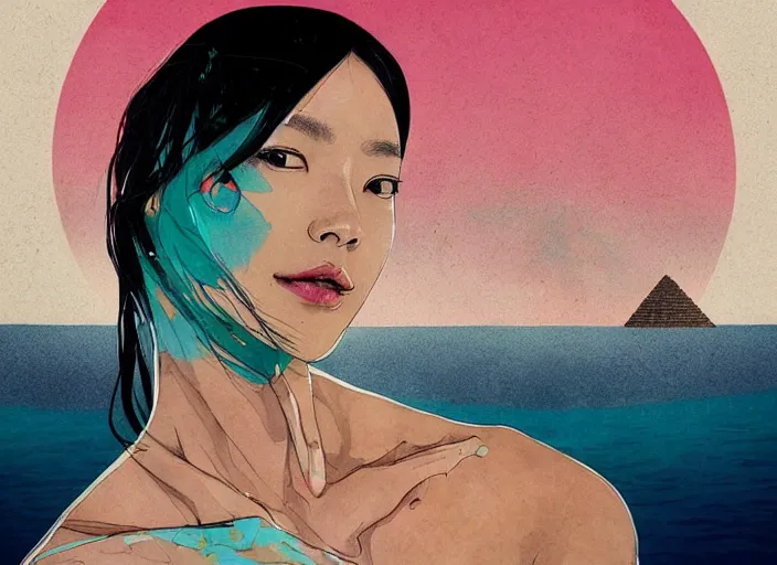 Prompt: lee jin - eun in luxurious dress emerging from turquoise water in egyptian pyramid city during an eclipse by conrad roset, m. k. kaluta, martine johanna, rule of thirds, elegant look, beautiful, chic, face anatomy, cute complexion, coherent symmetry