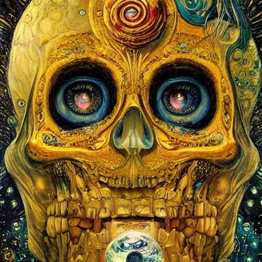 Image similar to Memento Mori by Karol Bak, Jean Deville, Gustav Klimt, and Vincent Van Gogh, beautiful visionary mystical portrait, calavera, otherworldly, fractal structures, ornate gilded medieval icon, third eye, spirals, jeweled calavera