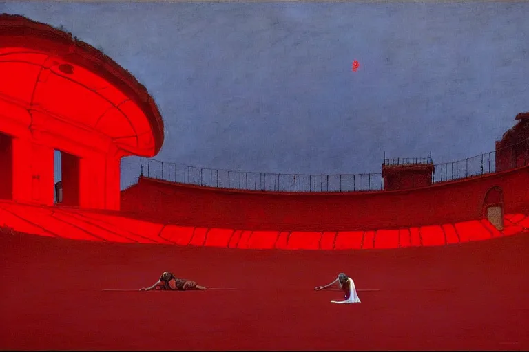 Image similar to only with red, a red melted emperor in an authoritarian position, taormina amphitheatre, crowd hails him, in the style of beksinski, parts by edward hopper, parts by rodcenko, parts by yue minjun, intricate and epic composition, red by caravaggio, insanely quality, highly detailed, masterpiece, red light, artstation, 4 k