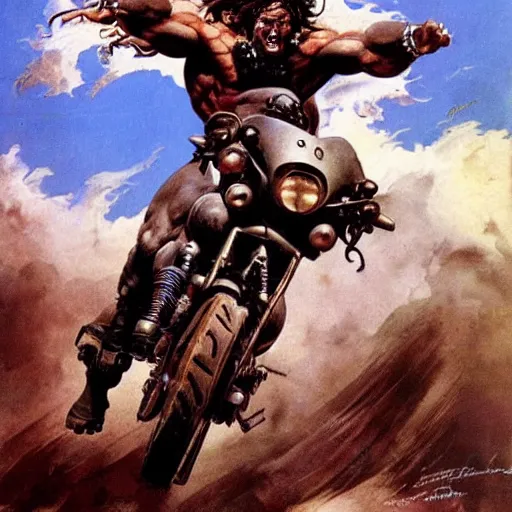 Prompt: muscular man riding motorcycle flying through the air from demons, into glory ride, artwork by Frank Frazetta