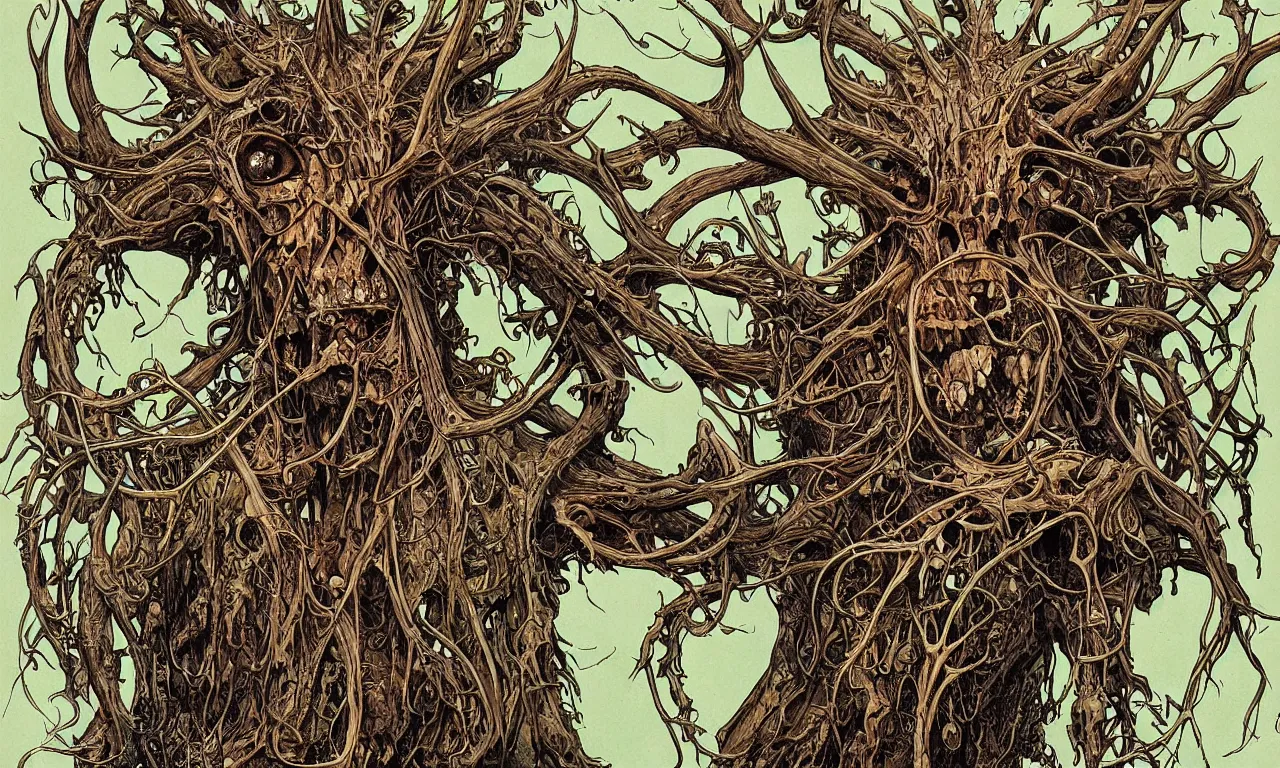 Image similar to hyperdetailed art nouveau portrait of treebeard as a cthulhu eyeball moose skull wendigo cryptid monster, by geof darrow, simon bisley and bill sienkiewicz, grim yet sparkling atmosphere, photorealism, claws, skeleton, antlers, fangs, forest, wild, crazy, horror, lynn varley, lovern kindzierski, steve oliff