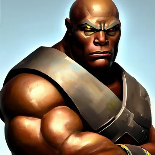 Image similar to greg manchess portrait painting of fully armored the foundation aka dwayne the rock from fortnite as overwatch character, medium shot, asymmetrical, profile picture, organic painting, sunny day, matte painting, bold shapes, hard edges, street art, trending on artstation, by huang guangjian, gil elvgren, ruan jia, greg rutkowski, gaston bussiere