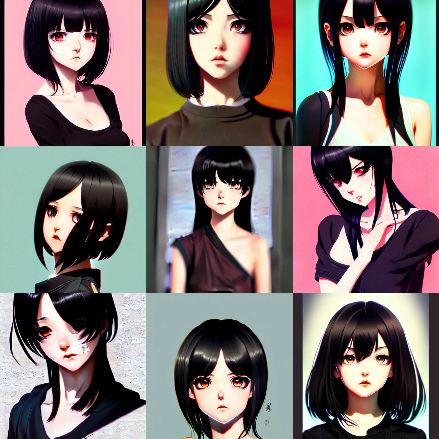 Prompt: black haired cute fiesty female character by ilya kuvshinov, high - key lighting, detailed anime style illustration