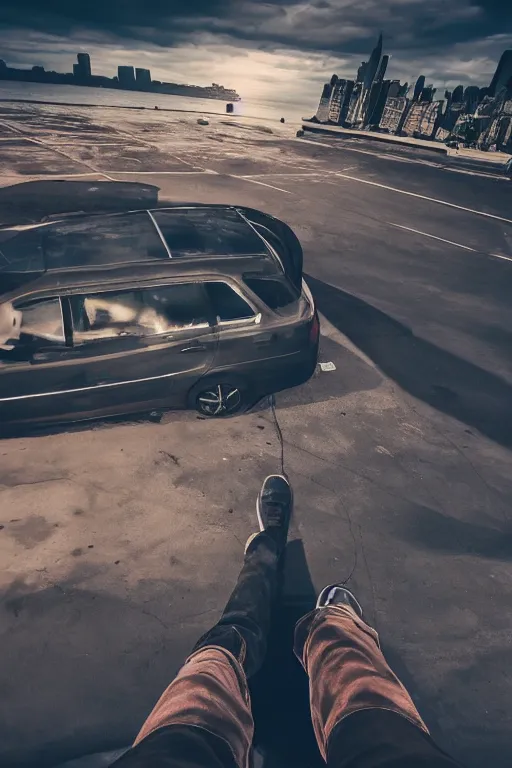 Image similar to Photo of a man sitting on the car roof in the heavy in front of the city that sank, hyper realistic, outdoor lighting, dynamic lighting, volumetric, wide angle, anamorphic lens, go pro, 4k