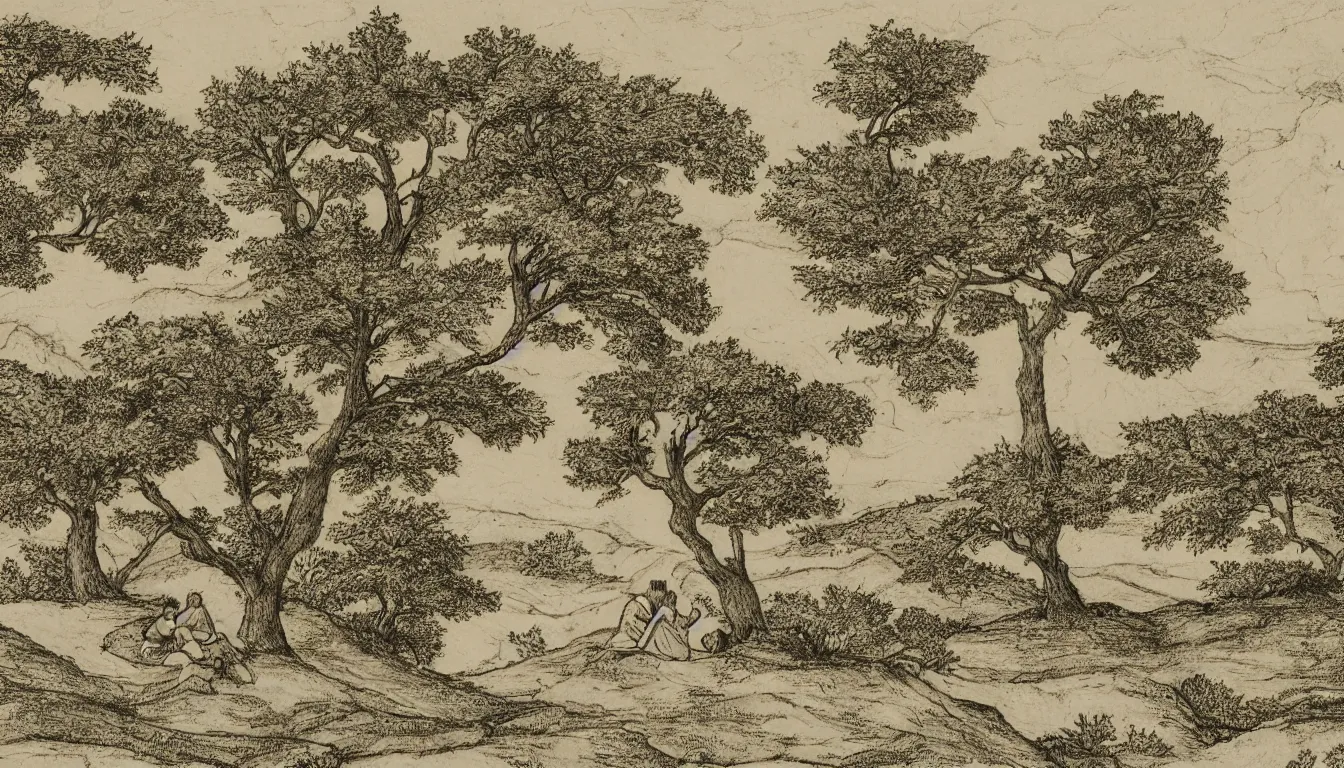 Image similar to a couple sits on a hill overlooking a river, yellowed paper, wind blown trees, pen and ink, 1 5 0 0 s, 8 k resolution