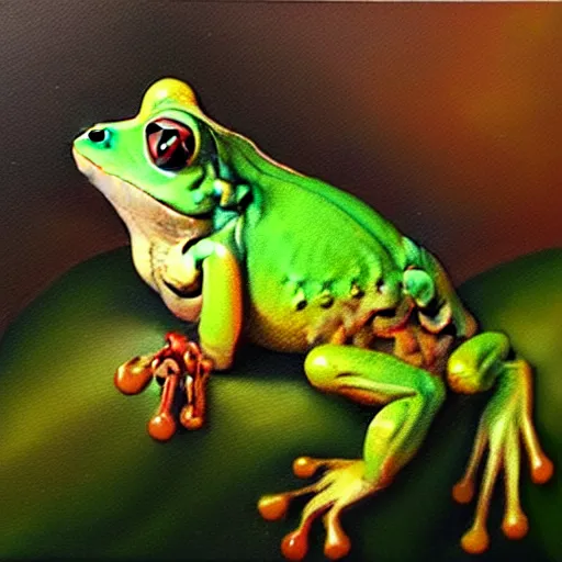 Image similar to beautiful oil painting of frog on a tree, sunlight, award - winning, matte,