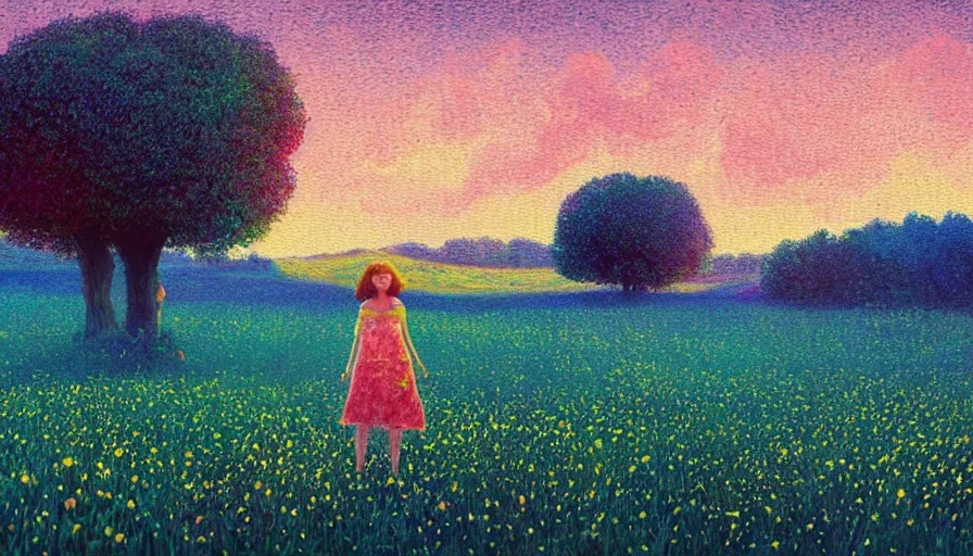 Prompt: girl with a flower face, surreal photography, dream, standing in field with giant flowers, hills, big trees, sunrise dramatic light, impressionist painting, colorful clouds, digital painting, pointillism, artstation, simon stalenhag, flower face