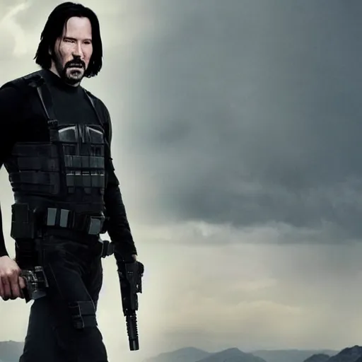 Image similar to keanu reeves as the punisher, 4 k, high detail, high - resolution photograph, professional photography, ultra - detail