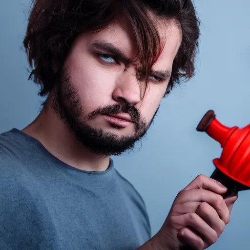 Image similar to a photo of a discord moderator holding a big hammer and looking angrily at a screen