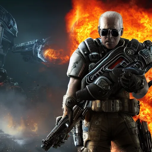 Image similar to joe biden with flamethrower in gears of war, splash art, movie still, cinematic lighting, ray tracing, octane render, long lens, shallow depth of field, bokeh, anamorphic lens flare, 8 k, hyper detailed, 3 5 mm film grain