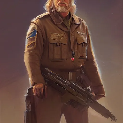 Image similar to portrait of a man by greg rutkowski, he looks like jeff bridges, wearing the military uniform of the corellian confederation, star wars expanded universe, he is about 5 0 years old, highly detailed portrait, digital painting, artstation, concept art, smooth, sharp foccus ilustration, artstation hq