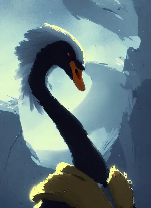 Image similar to portrait of a swan bird, black sky background, chaotic landscape, illustration concept art anime key visual trending pixiv fanbox by wlop and greg rutkowski and makoto shinkai and studio ghibli and kyoto animation, kaki body suit, odst, short body, yellow beak, military gear, grimdark, volumetric lighting