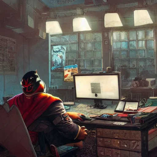 Image similar to a insanely detailed painting of a chubby masked asian man wearing a superhero costume sitting at a desk, staring at the nervously at the computer typing, in the style of peter mohrbacher, dramatic lighting and composition, trending on artstation, concept art, comic book