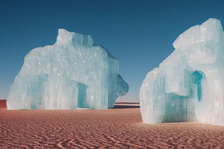 Prompt: cinestill of a huge backlit ice sculpture in the sahara desert