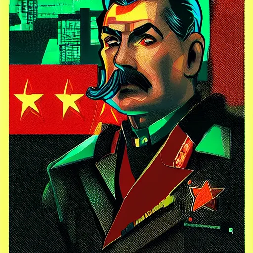 Image similar to cyberpunk joseph stalin as the leader of a futuristic communist society, cybernetics, sharp lines, digital, artstation, colored in