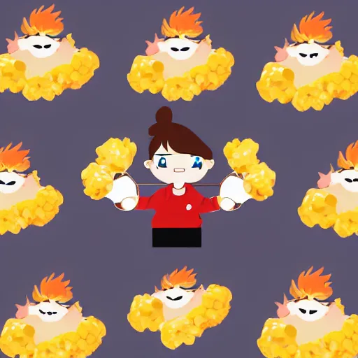 Prompt: vector anime chibi style character of a piece of fluffy popcorn with a smiling face and flames for hair, clean composition, symmetrical