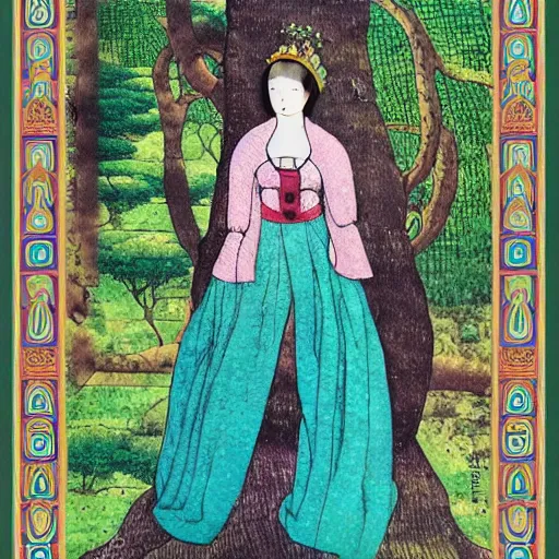 Prompt: interesting maximalist elaborate full body portrait of a beautiful medieval girl next to a tree, in the style of kawase hasui and paul klee. seen from the distance. mixed media, vibrant textures, pastel tones. fashion of Vivienne Westwood. HD 8x no frame