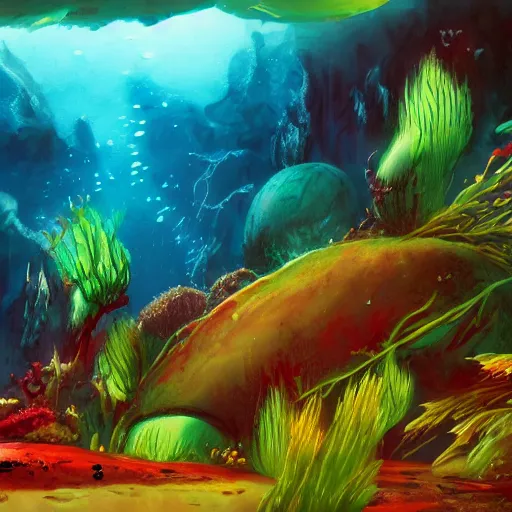 Image similar to underwater view of a strange alien world, some washed out red and green plant life, small alien fish swimming in the background, deep blue sea color, artstation