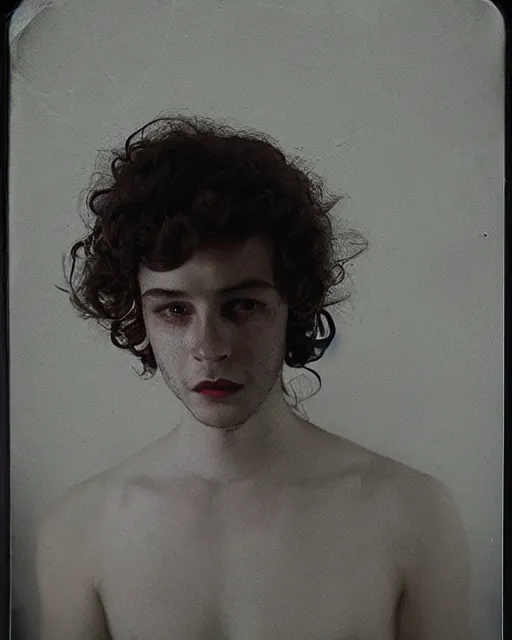 Image similar to an instant photo of a beautiful but sinister young man in layers of fear, with haunted eyes and curly hair, 1 9 7 0 s, seventies, delicate embellishments, a little blood, crimson, painterly, offset printing technique, mary jane ansell
