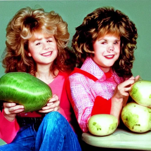 Prompt: still from 8 0 s family comedy show my two turnips, portrait faces, giant turnips