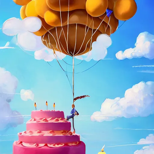 Image similar to a giant floating cake suspended to plenty of floating birthday balloons. digital art, highly - detailed, sharp focus, artstation cgsociety masterpiece