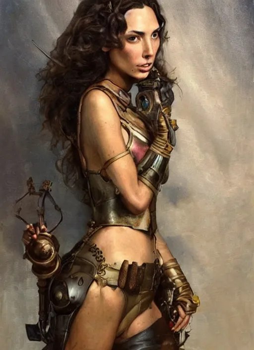 Image similar to oil painting highly detailed steampunk gal gadot, iron age : leonardo da vinci, greg rutkowski, magali villeneuve