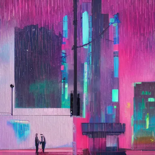 Prompt: barack obama, rain like a dream, oil painting, cyberpunk, basquiat + francis bacon + gustav klimt + beeple, elevated street art, fantasy lut, pink, blue, purple, green,