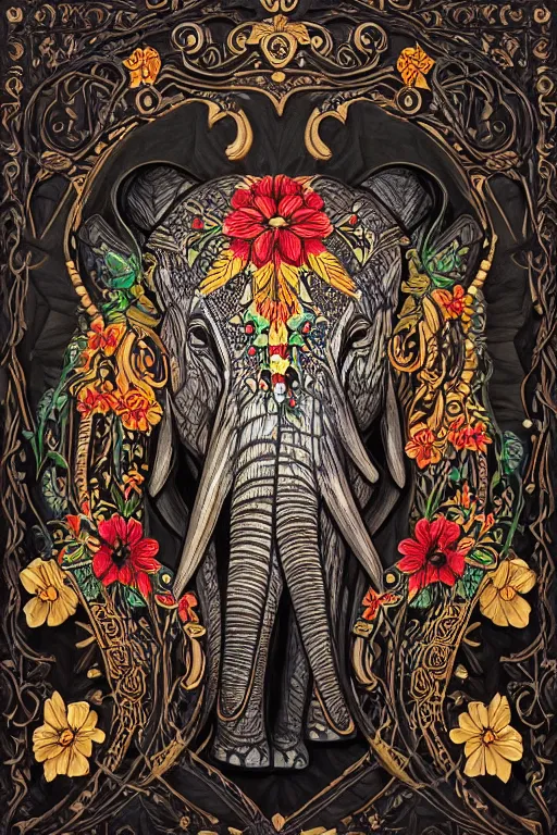 Image similar to Painted dark-wood panel relief carving of a close up of a Flowerpunk Matriarch Elephant, ornate border frame, explosion of colorful flowers, dark wood, intricately carved, black ink, festival of rich colors, intricate details, cinematic lighting, volumetric lighting, post-processing, art nouveau, by andreas rocha and john howe, and Martin Johnson Heade, featured on artstation, featured on behance, golden ratio, hyper detailed, photorealistic, epic composition, center spotlight, f32, well composed, UE5, 8k