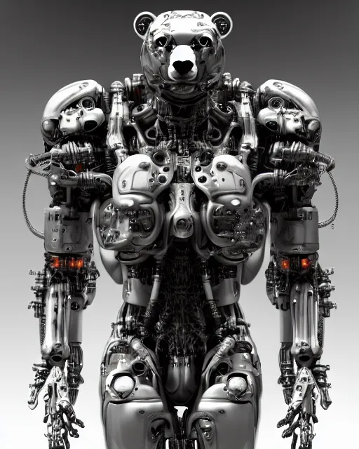 Prompt: potrait complex 3 d render hyper detail portrait of a mechanical bear cyborg, sci fi, full body, intricate, art by kazuhiko nakamura and hajime sorayama, 8 k octane detailed render, post - processing, extremely hyperdetailed, intricate futuristic mechanic parts, maya, dark background, sharp focus, blender, cinematic lighting + masterpiece, trending on artstation