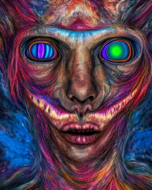 Image similar to realistic portrait of a creature experiment gone wrong, psychedelic, dark art, facing camera, photo realistic, detailed, 1 4 5 0, delicate, hyper realism, ultra realistic, 8 k